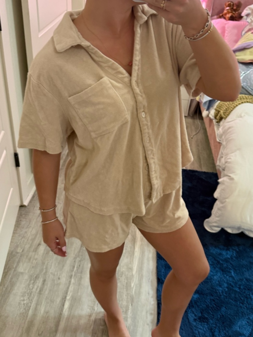Terry coth Beige Button-Up Lounge Set